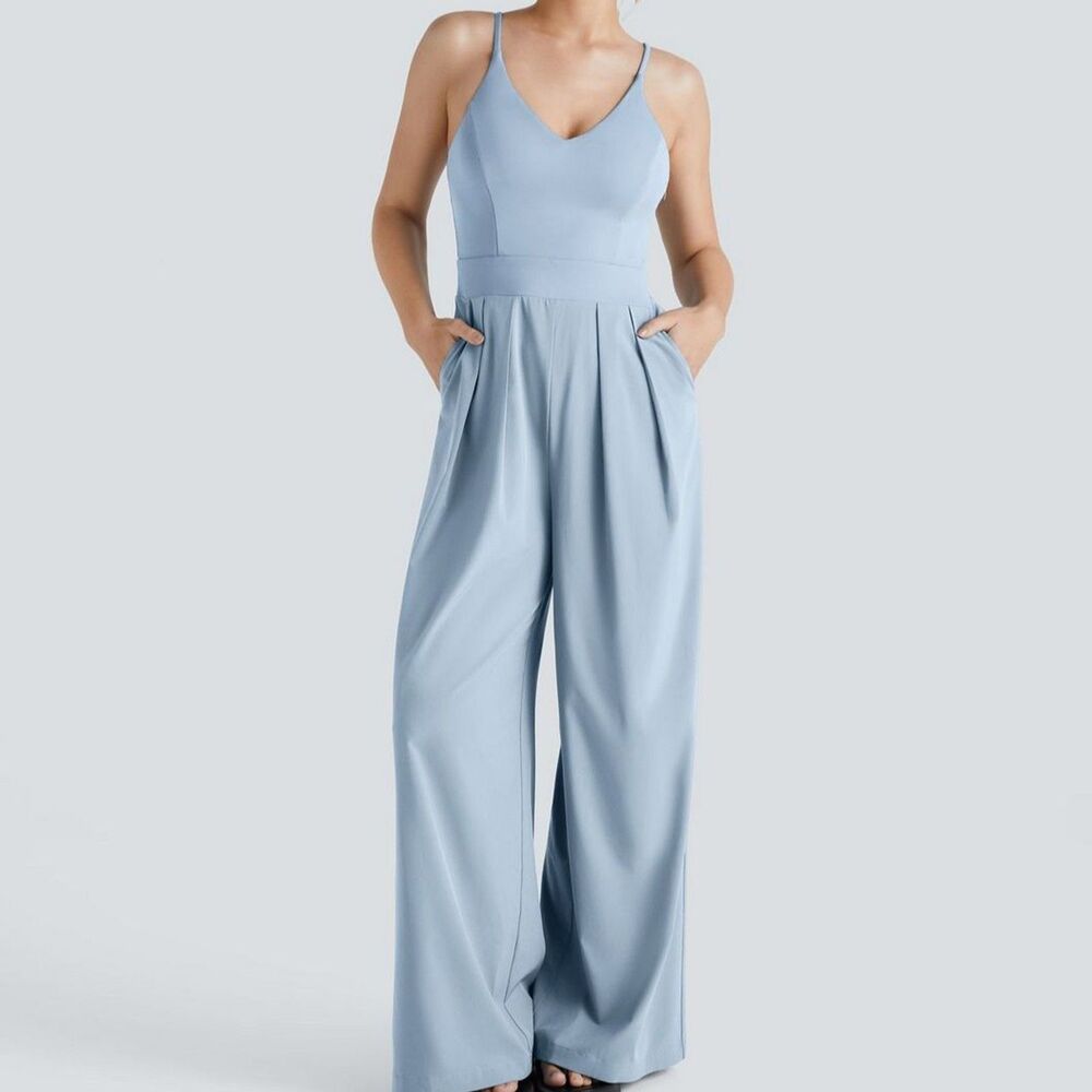 Halara Light Blue Breezeful Wide Leg Side Pocket Jumpsuit Size Medium